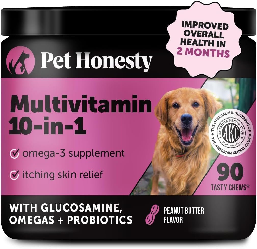 Pet Honesty Multivitamin Dog Supplement, Glucosamine chondroitin for Dogs, Probiotics, Omega Fish Oil, Dog Supplements & Vitamins, Vitamins for Skin and Coat Allergies, (Peanut Butter 90 ct)