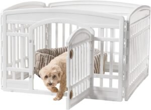 IRIS USA 24" Exercise 4-Panel Pet Playpen with Door, Dog Playpen, Puppy Playpen, for Puppies and Small Dogs, Keep Pets Secure, Easy Assemble, Fold It Down, Easy Storing, Customizable, White