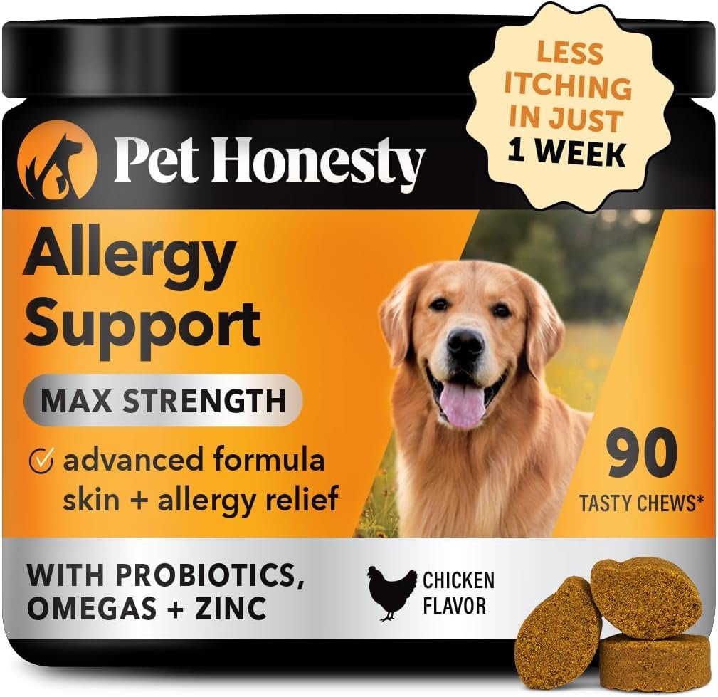 Pet Honesty Dog Allergy Itch Relief - Maximum Strength Itch Supplement with Probiotics for Dogs - Immune Support & Skin Relief for Seasonal Allergies - Natural Itchy Skin Paw Relief - (Chicken, 90 Ct)