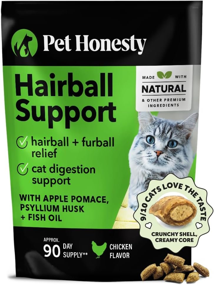 Pet Honesty Cat Hairball Support Crunchy & Creamy Chews, Hairball Remedy Treats, Cat Furball Treatment, Supports Skin & Coat, Digestion, Vitamins & Hairball Medicine, Chicken (90-Day Supply)