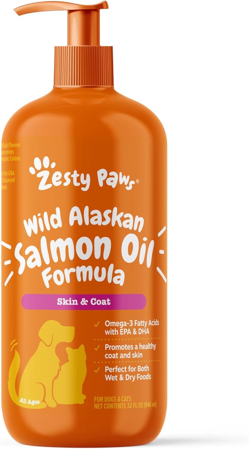 Zesty Paws Wild Alaskan Salmon Oil for Dogs and Cats- Skin and Coat Support, Omega 3 Supplement for Pets, 32oz