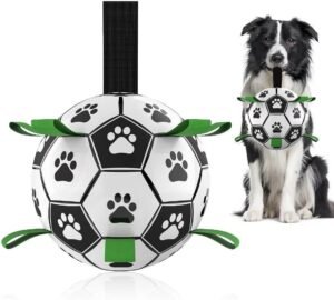 QDAN Dog Toys Soccer Ball with Straps, Interactive Dog Toys for Tug of War, Puppy Birthday Gifts, Dog Tug Toy, Dog Water Toy, Durable Dog Balls World Cup for Small & Medium Dogs（6 Inch）