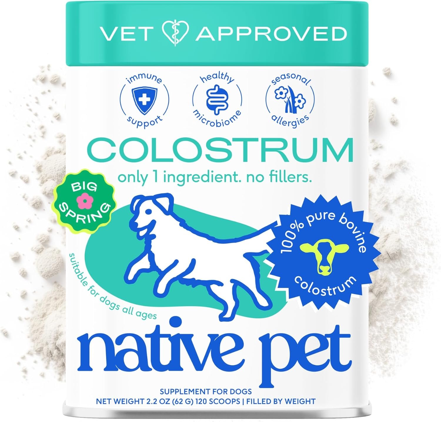 Native Pet Colostrum for Dogs – Bovine Colostrum Powder – Allergy Relief, Immune Support & Itchy Skin Treatment – Dog Vitamins for Itchy Skin & Gut Health – Puppy Milk Replacement & Prebiotic -120 ct.
