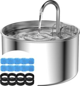 AOOGITF Cat Water Fountain + 8 Filters + 8 Sponges, 304 Stainless Steel Pet Water Fountain, 24 Hours Keep The Water Clean, 74oz Capacity, Ultra-Quiet, No Sputter, Compact, Easy Cleaning