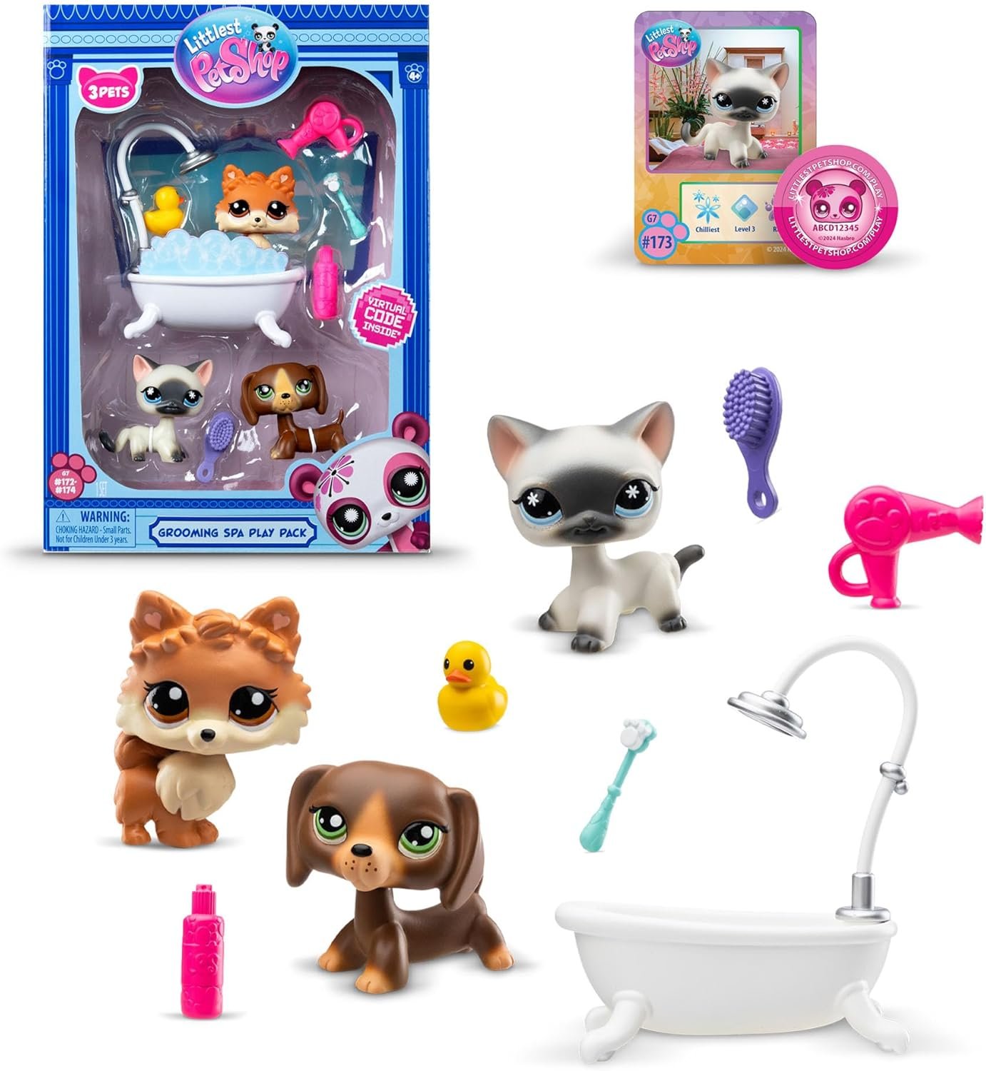 Littlest Pet Shop Bandai Grooming Spa Play Pack | The Pack Contains 3 LPS Mini Pet Toys 6 Accessories 1 Collector Card and 1 Virtual Code | Collectable Toys for Girls and Boys