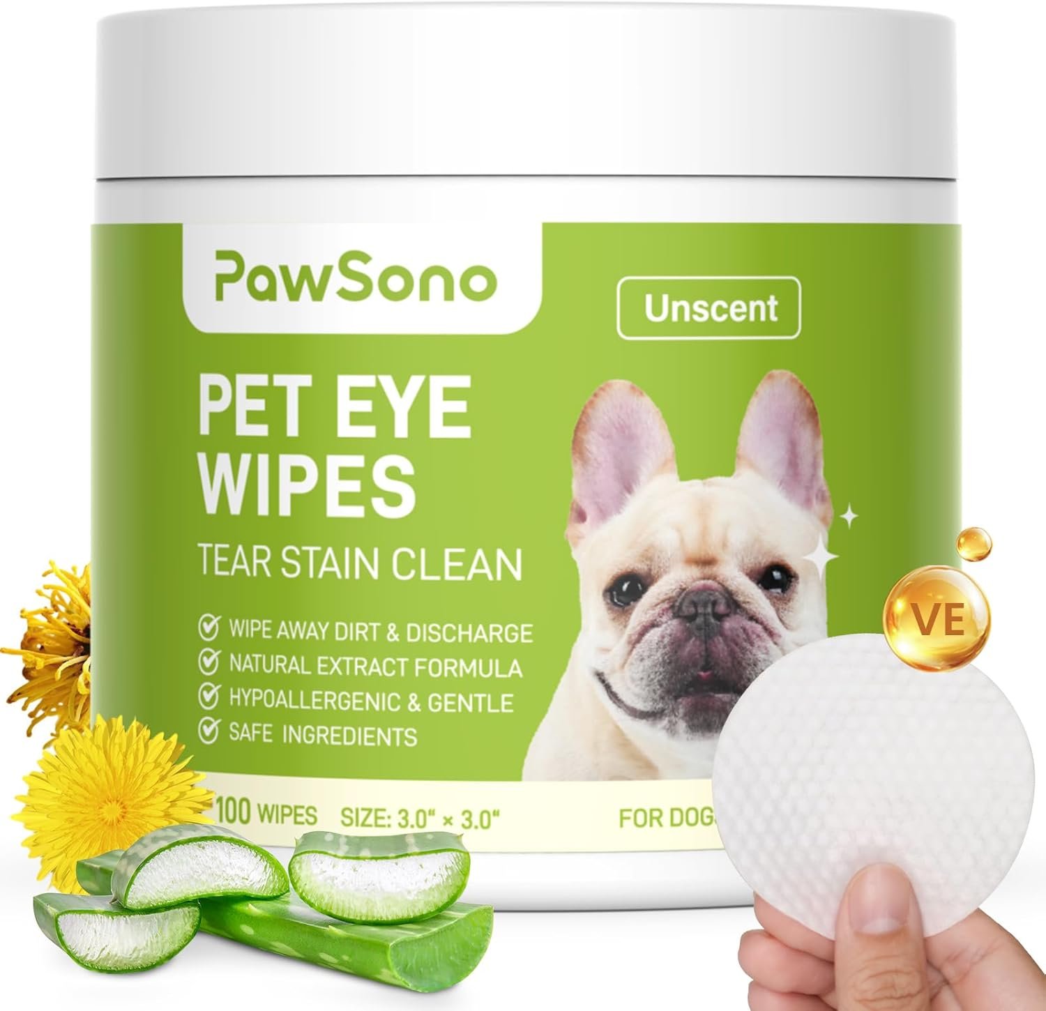 Eye Wipes for Dogs & Cats, Hypoallergenic Dog Eye Wipes Cleaner, Natural Cleaning Pet Wipes for Face Gently Remove Tear Stain, Eye Debris, Discharge, Mucus, Non-Irritating, Unscent, 100 PCS