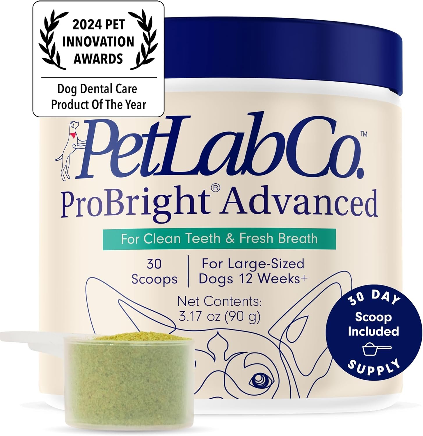 PetLab Co. ProBright Advanced Dental Powder - Dog Breath Freshener - Teeth Cleaning Made Easy – Targets Tartar & Bad Breath - Formulated for Large Dogs