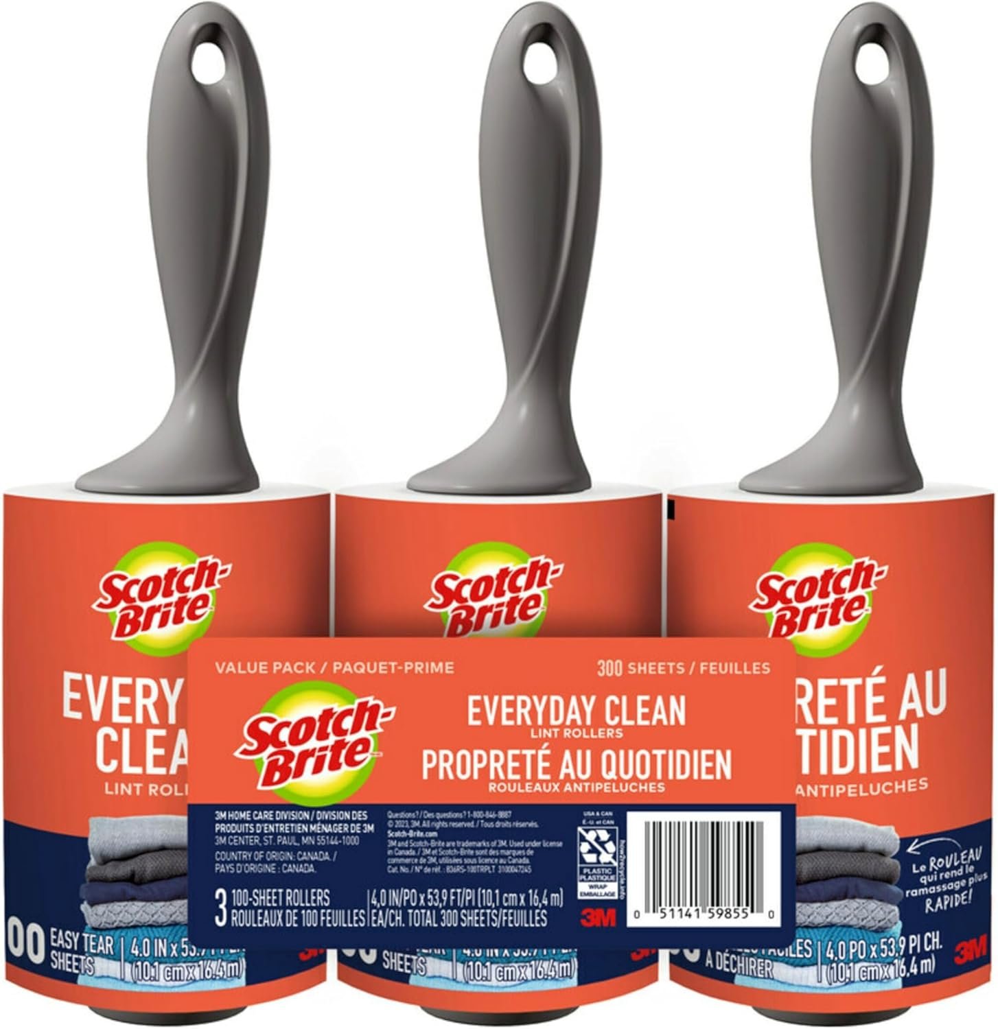 Scotch-Brite Everyday Clean Lint Roller, Lint Roller for Pet Hair, Clothing, Furniture and More, 3 Lint Rollers, 100 Sheets/Roller, 300 Sheets Total, Lint Remover for Clothes, Pet Hair Removal