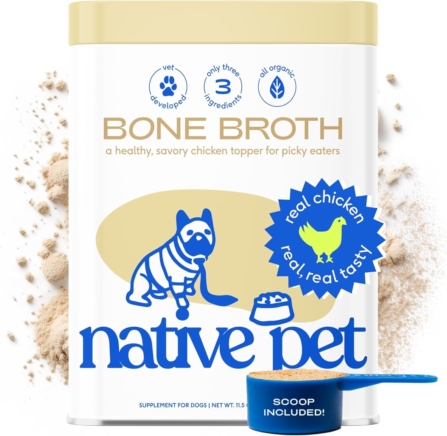 Native Pet Bone Broth for Dogs and Cats - Chicken Bone Broth Powder Dog Food Toppers for Picky Eaters - Provides Extra Nutrition for Joint Strength, Immune Support & Heart Health - 96 Scoops