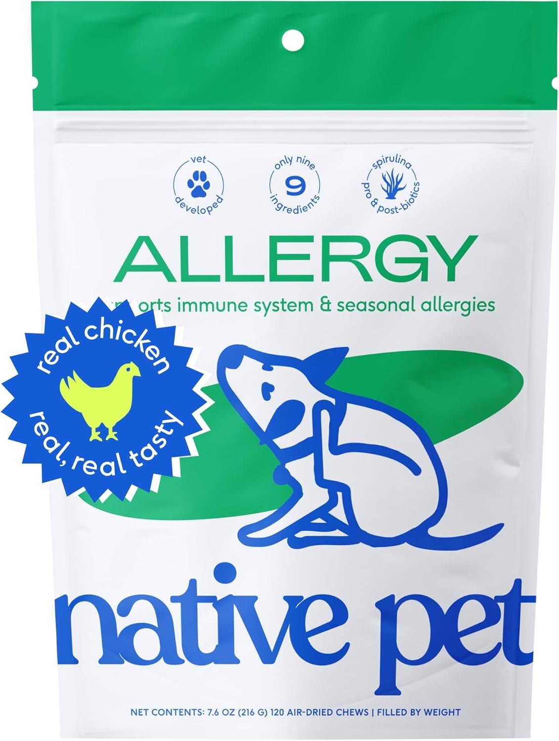 Native Pet Dog Allergy Chews - Dog Allergy Relief with Probiotics and Colostrum for Itchy Skin Relief to Support Seasonal Allergy and Healthy Immune System - All Natural Anti-Histamine - 120 Chews
