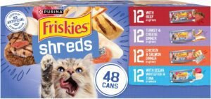 Purina Friskies Wet Cat Food Variety Pack, Shreds with Beef, Turkey and Cheese Dinner, Chicken and Salmon Dinner, and with Ocean Whitefish and Tuna - 48 ct. Can