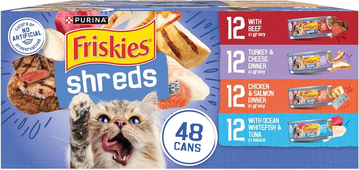 Purina Friskies Wet Cat Food Variety Pack, Shreds with Beef, Turkey and Cheese Dinner, Chicken and Salmon Dinner, and with Ocean Whitefish and Tuna - 48 ct. Can
