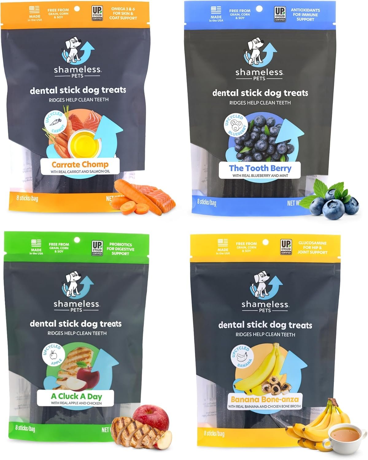 Shameless Pets Dental Treats for Dogs, Variety (4-Pack) - Healthy Teeth Cleaning Sticks for Fresh Breath - Dog Bones Dental Chews Free from Grain, Corn & Soy