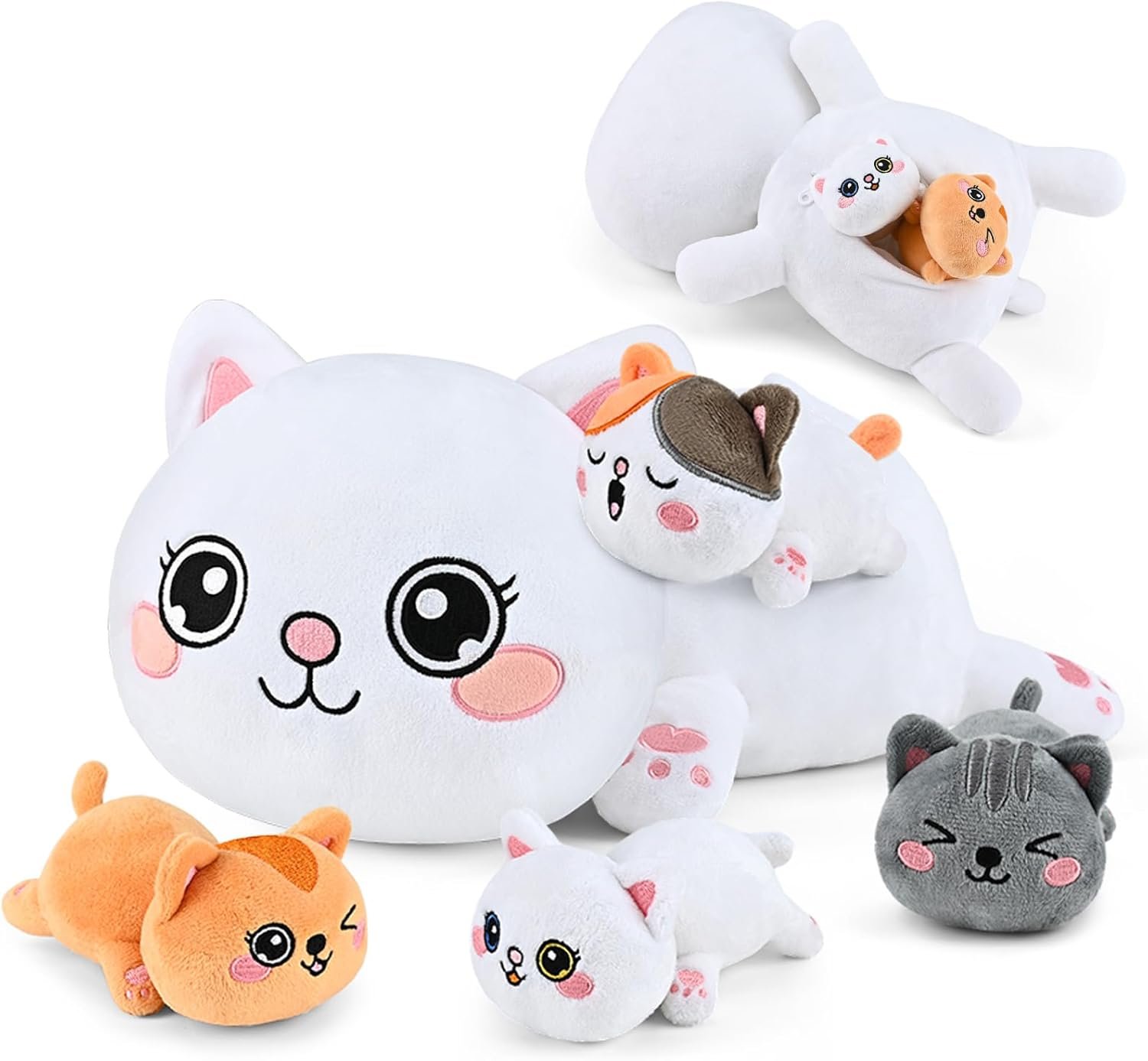 KMUYSL Cat Stuffed Animals Toys for Ages 3 4 5 6 7 8+ Years Old Kids - Mommy Cat with 4 Baby Kitty in Her Tummy, Idea Xmas Birthday Gifts for Baby, Toddler, Girls, Boys