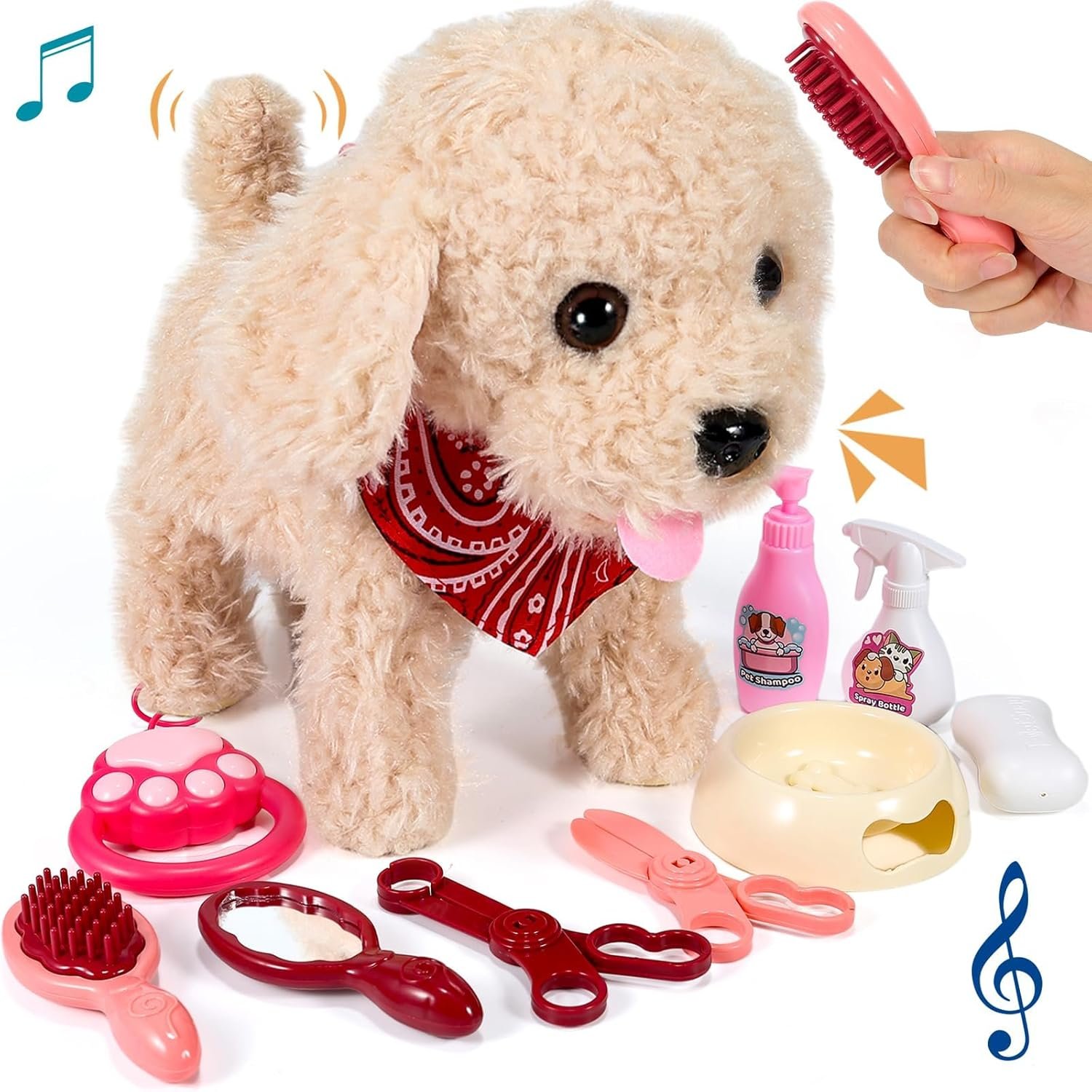 Interactive Walking Plush Puppy Toy Dog, Remote Control Electronic Robot Dog Realistic Wagging Tail, with Rich Grooming Set, Gift Toys for Girls and Boys, Kids Age 3, 4, 5, 6 (Golden)