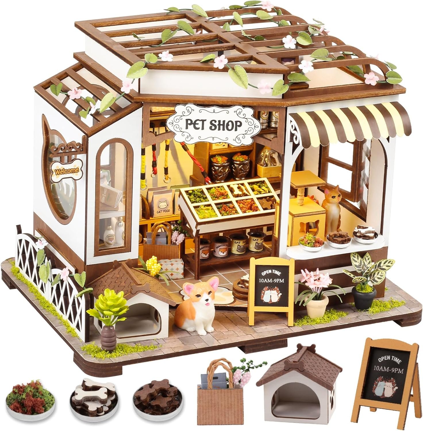 Miniature House Kit with LED Light, Book Nook Kit with Cover for Birthday, 3D Wooden Bookends Puzzle, Bookshelf Decor for Adults, Teens, Beginners (Pet Shop)