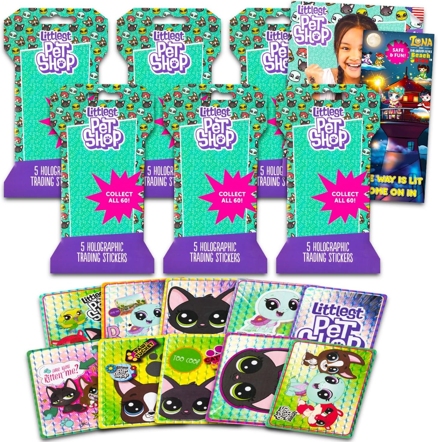 Littlest Pet Shop Holographic Sticker 6 Pack - Bundle with 6 Littlest Pet Shop Blind Bags Plus More | Premium Collectible Littlest Pet Shop Character Cards for Kids