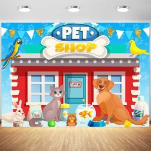 5x3ft Pet Shop Backdrop Cartoon Cats Dogs Birds Shop Photography Background Boys Girls 1st Birthday Party Decoration School Play Wallpaper Photo Booth Props