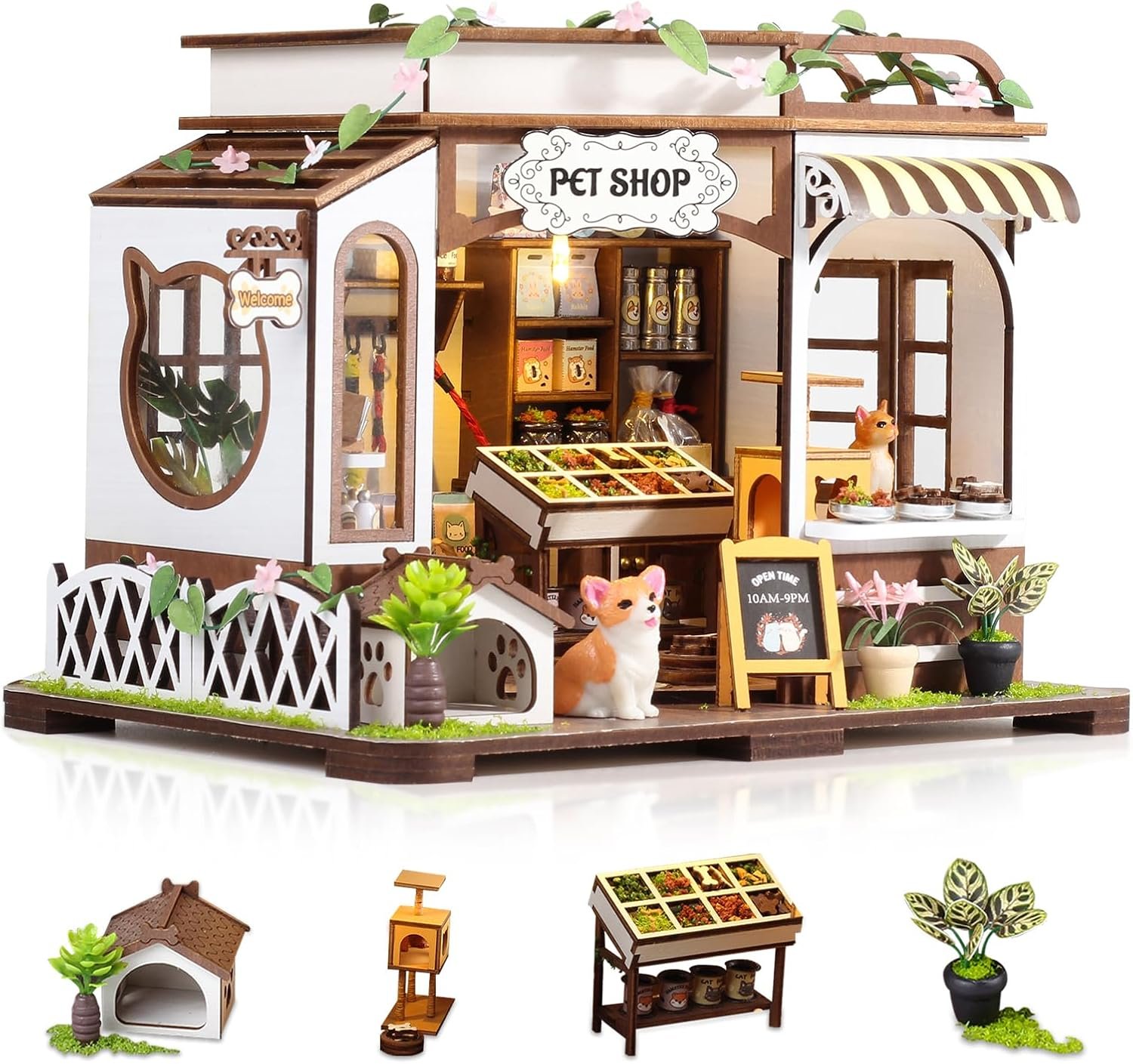 GuDoQi DIY Miniature House Kits, DIY Miniature Dollhouse Kit with Furniture, Tiny House Kits 1:24 Scale, Creative DIY Crafts for Adults, Christmas Day Birthday Gifts, Pet Shop