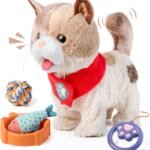 TUMAMA Toy Cat for Kids, Cute and Realistic Kitty Toy That Walks, Meows, Tongues Out and Wags Tail, Interactive Electronic Cat Plush Toy with Leash, Best Gift for Boys and Girls Ages 3 4 5 6 7